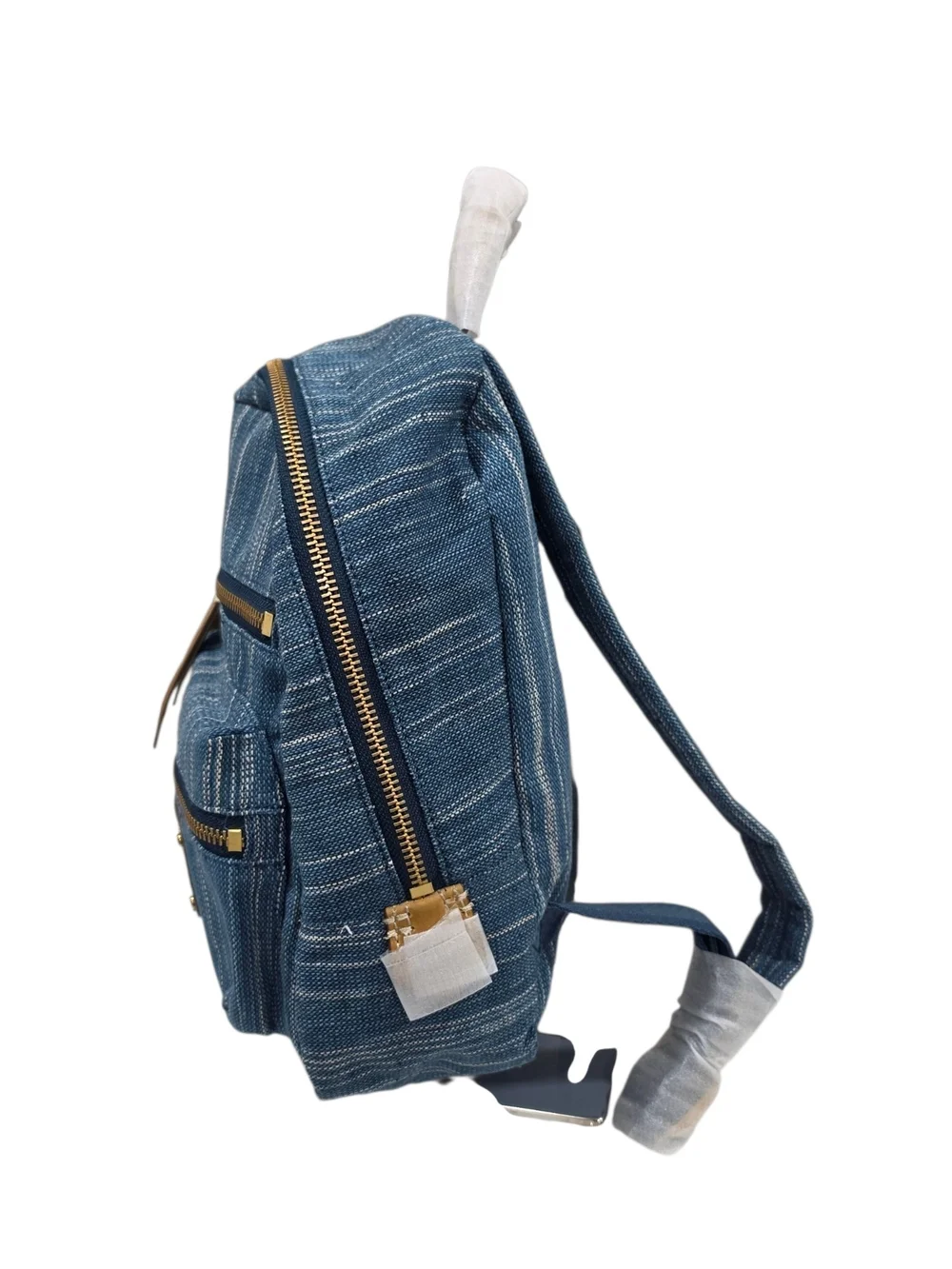 FRYE Small Striped Denim Backpack in Blue with Leather Tan Accents